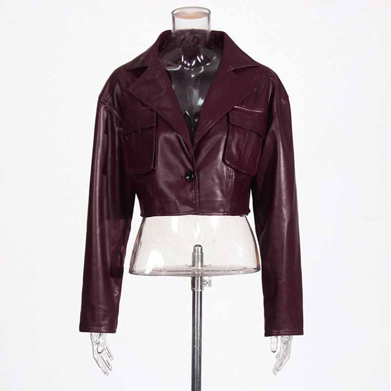 Wine Red Faux Leather Cropped Jacket Oversized One Button Coat