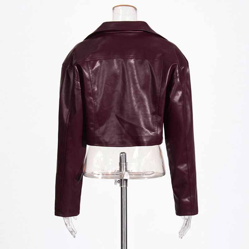 Wine Red Faux Leather Cropped Jacket Oversized One Button Coat