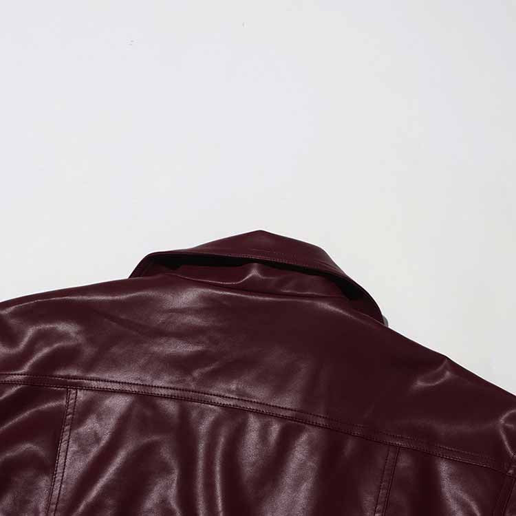 Wine Red Faux Leather Cropped Jacket Oversized One Button Coat