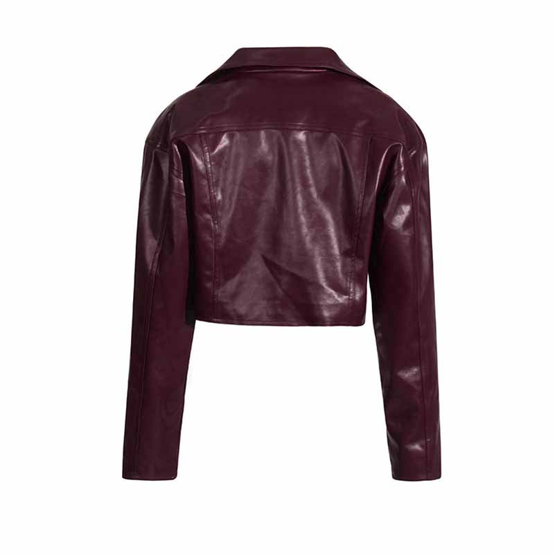 Wine Red Faux Leather Cropped Jacket Oversized One Button Coat