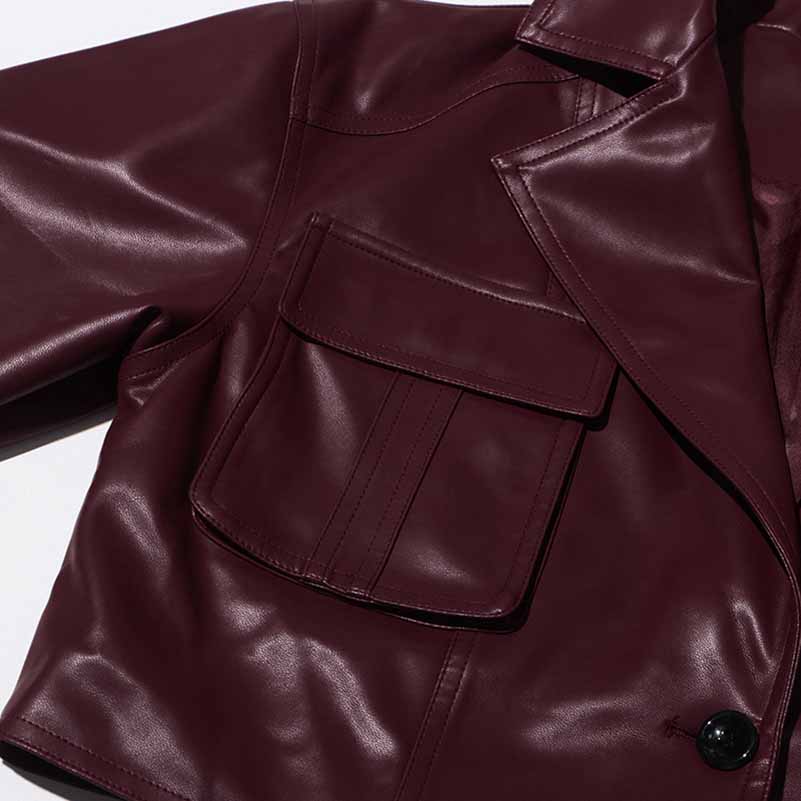 Wine Red Faux Leather Cropped Jacket Oversized One Button Coat