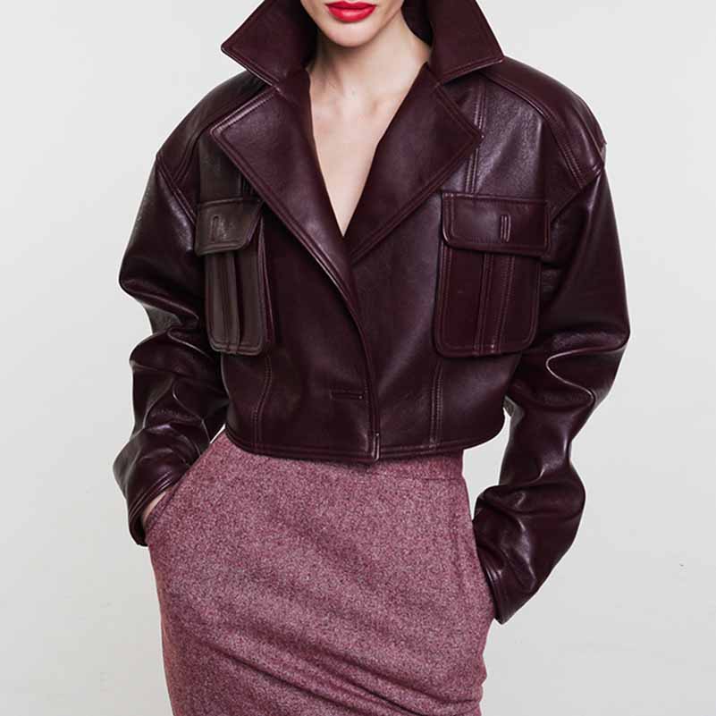 Wine Red Faux Leather Cropped Jacket Oversized One Button Coat