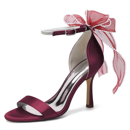 High Heel Sandals for Women | Bridal Wedding Shoes with Ankle Strap & Organza Bow | Satin Open Toe Stilettos for Party Evening Formal