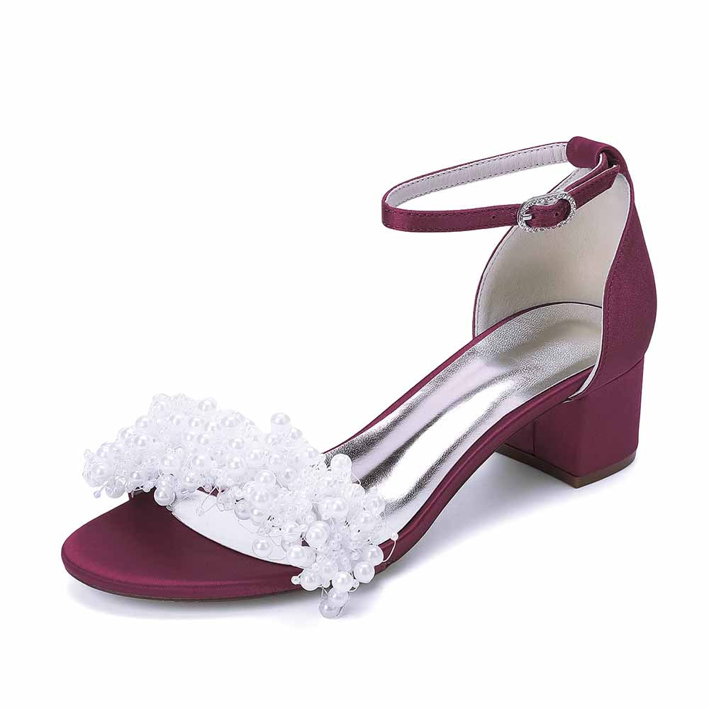 Women's Pearl Bridal Wedding Shoes Chunky Heel Ankle Strap Sandals for Party Evening