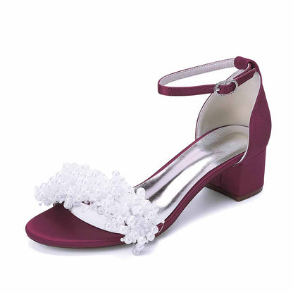Women's Pearl Bridal Wedding Shoes Chunky Heel Ankle Strap Sandals for Party Evening
