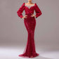 Wine Red Prom Dress Sequined Satin Mermaid Long Sleeve Ball Gown