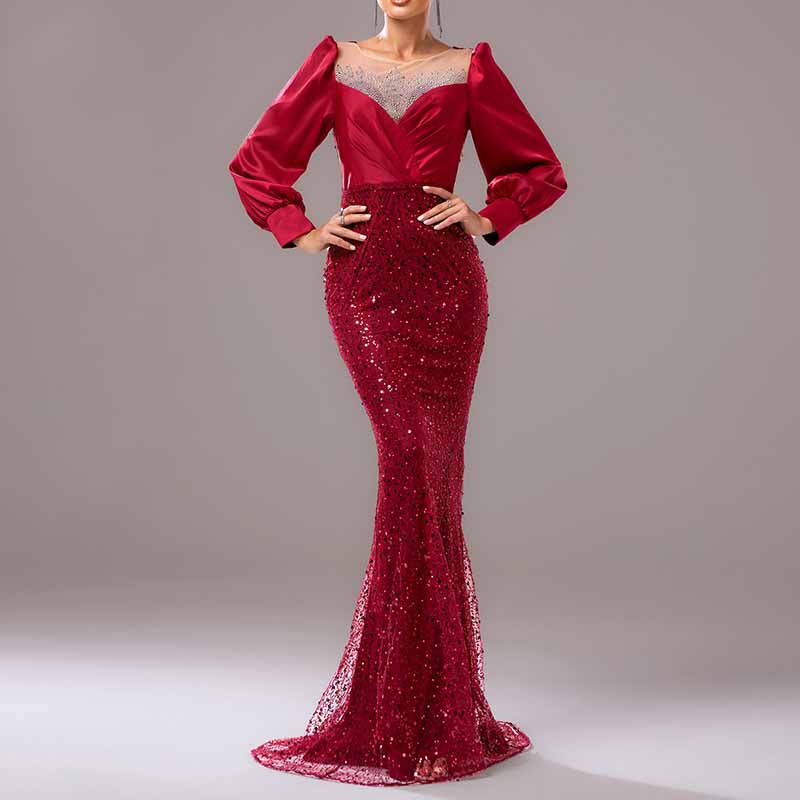 Wine Red Prom Dress Sequined Satin Mermaid Long Sleeve Ball Gown