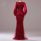 Wine Red Prom Dress Sequined Satin Mermaid Long Sleeve Ball Gown