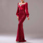 Wine Red Prom Dress Sequined Satin Mermaid Long Sleeve Ball Gown