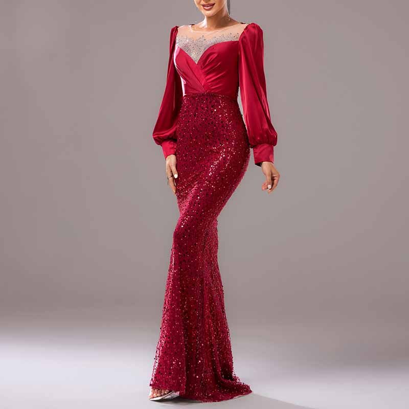 Wine Red Prom Dress Sequined Satin Mermaid Long Sleeve Ball Gown