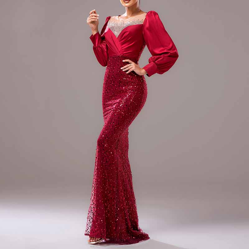 Wine Red Prom Dress Sequined Satin Mermaid Long Sleeve Ball Gown