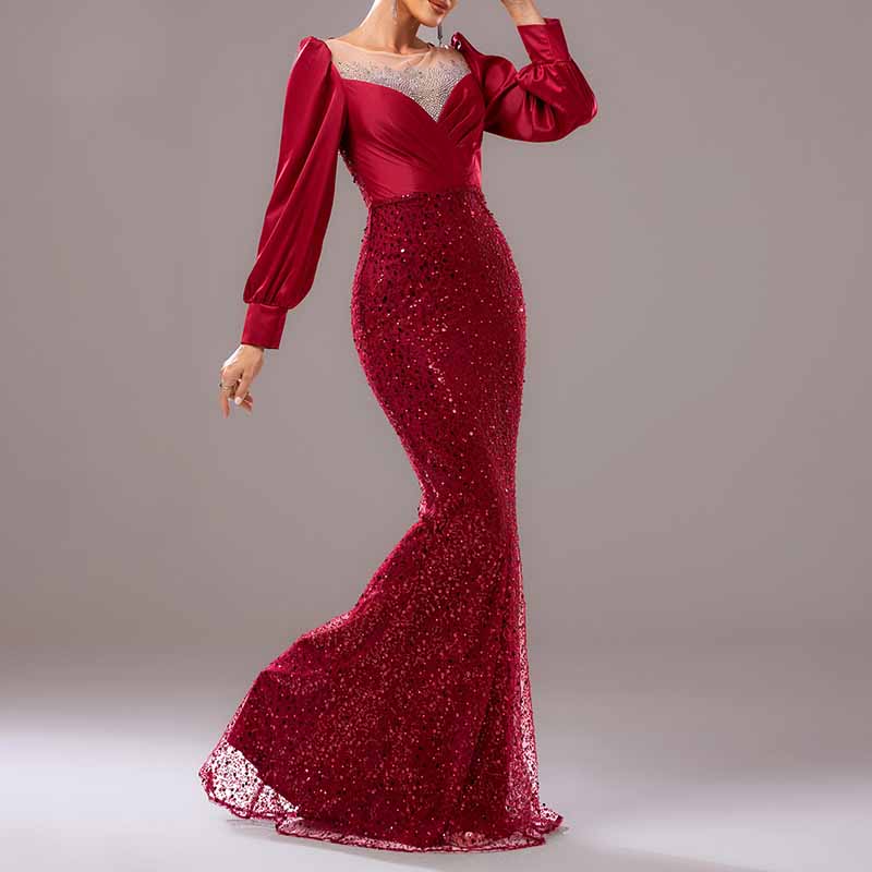 Wine Red Prom Dress Sequined Satin Mermaid Long Sleeve Ball Gown