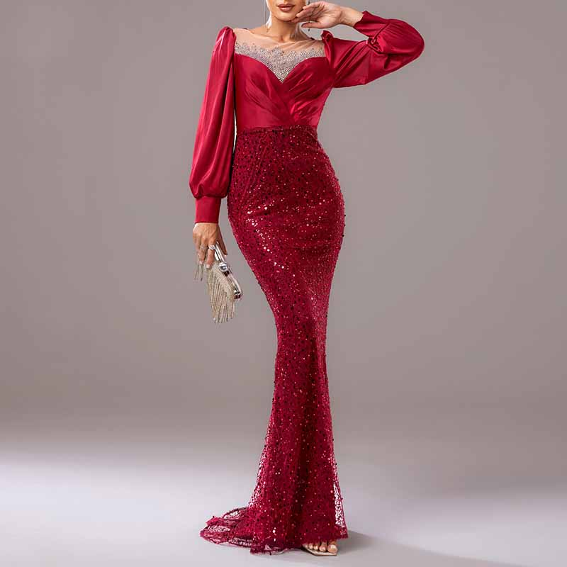 Wine Red Prom Dress Sequined Satin Mermaid Long Sleeve Ball Gown