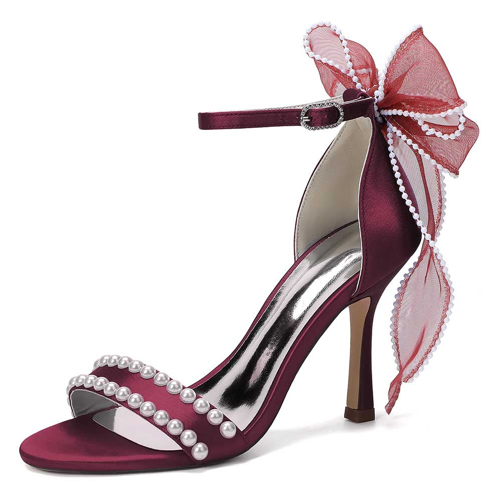 Satin Pearls Ankle Strap High Heels Bridal Shoes for Wedding Open Toe Formal Evening Dress Sandals