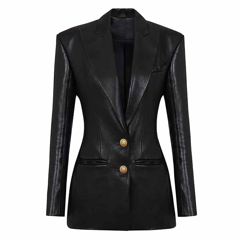 Women 2-Button Faux Leather Jacket V Neck Coat