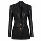 Women 2-Button Faux Leather Jacket V Neck Coat