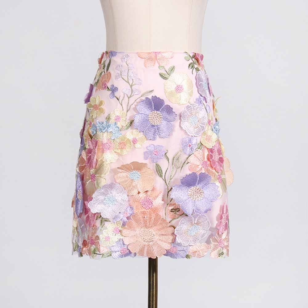 Women 3D Flower Embroidery Set Crewneck Mini Skirt Suit