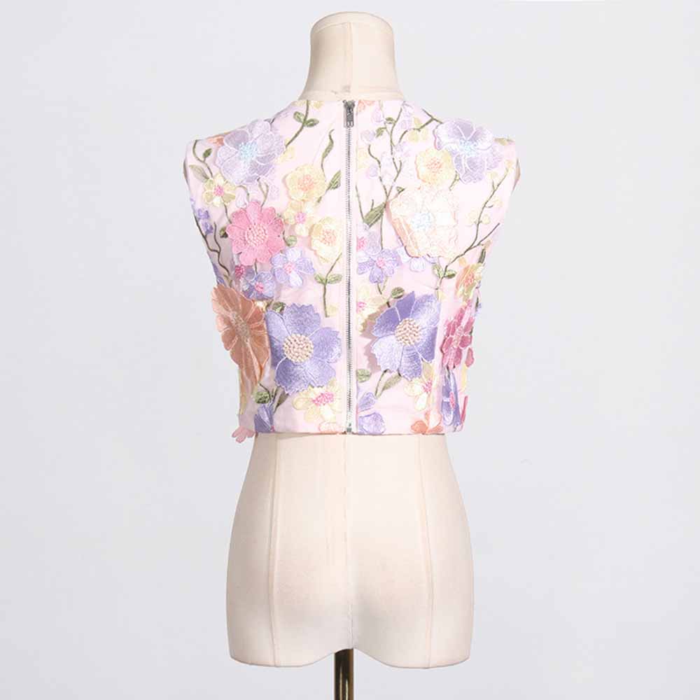 Women 3D Flower Embroidery Set Crewneck Mini Skirt Suit