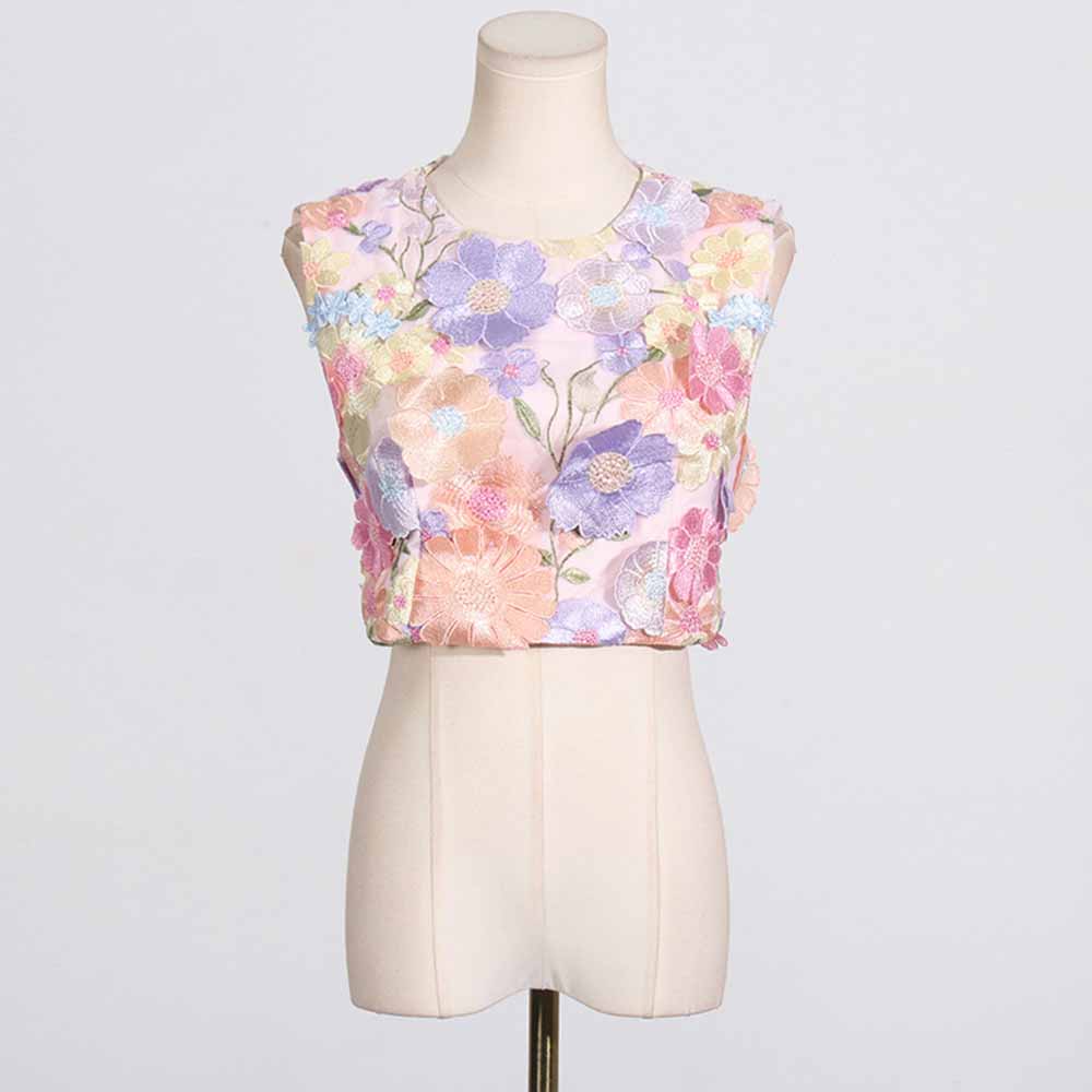 Women 3D Flower Embroidery Set Crewneck Mini Skirt Suit