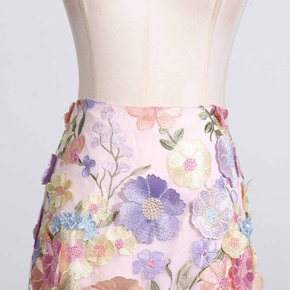 Women 3D Flower Embroidery Set Crewneck Mini Skirt Suit