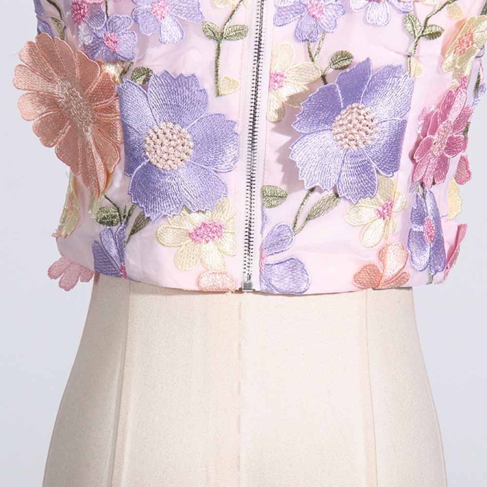 Women 3D Flower Embroidery Set Crewneck Mini Skirt Suit