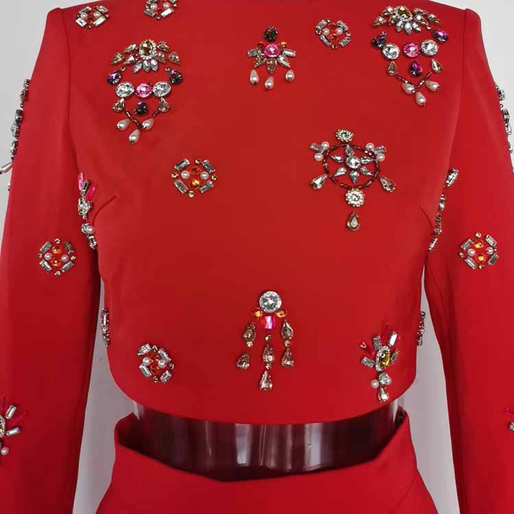 Women Beaded Red Mini Skirt Suit Crstyal Embellished Two Pieces Set