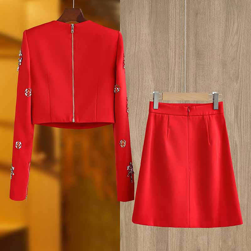 Women Beaded Red Mini Skirt Suit Crstyal Embellished Two Pieces Set