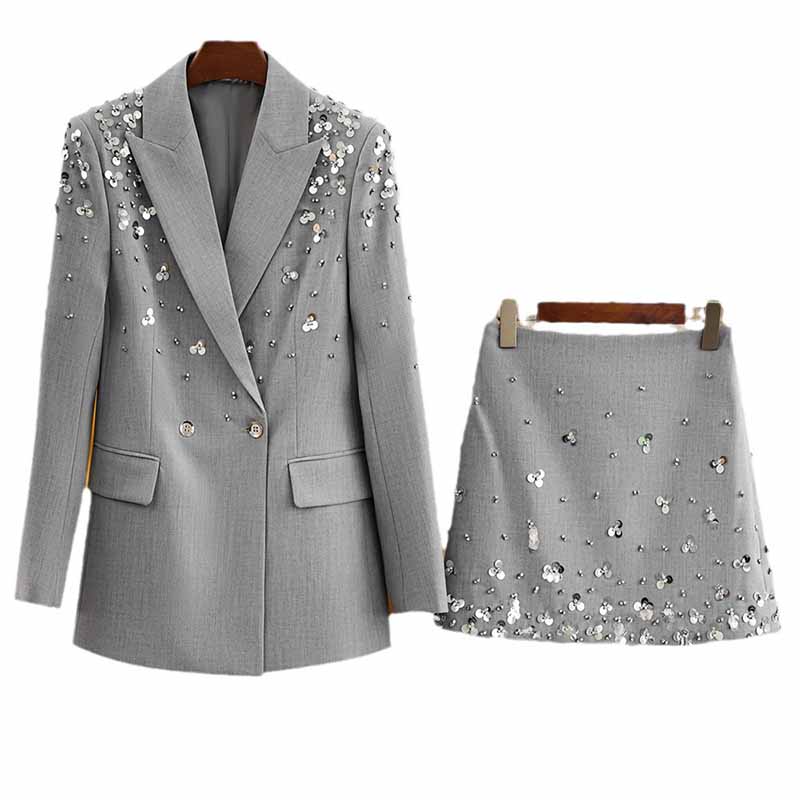 Women Beaded Grey Mini Skirt Suit Crstyal Embellished Two Pieces Set