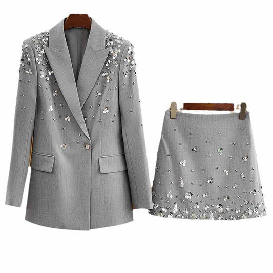 Women Beaded Grey Mini Skirt Suit Crstyal Embellished Two Pieces Set