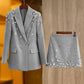 Women Beaded Grey Mini Skirt Suit Crstyal Embellished Two Pieces Set