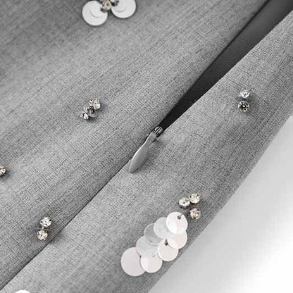 Women Beaded Grey Mini Skirt Suit Crstyal Embellished Two Pieces Set