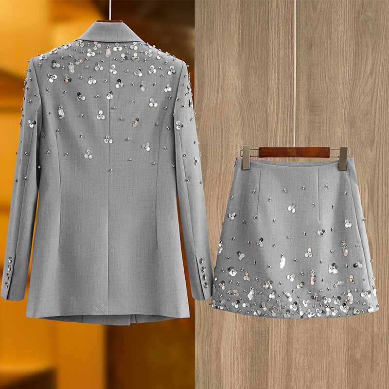 Women Beaded Grey Mini Skirt Suit Crstyal Embellished Two Pieces Set