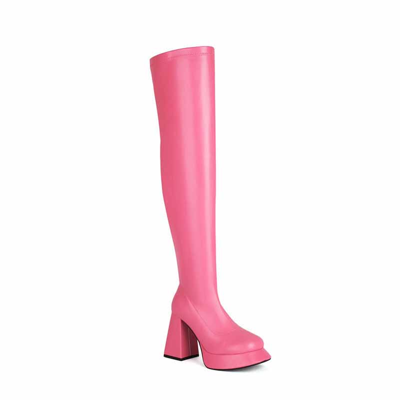 Women Chunky Heel Square Toe Boots Platform Over Knee Boots