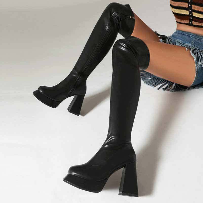 Women Chunky Heel Square Toe Boots Platform Over Knee Boots