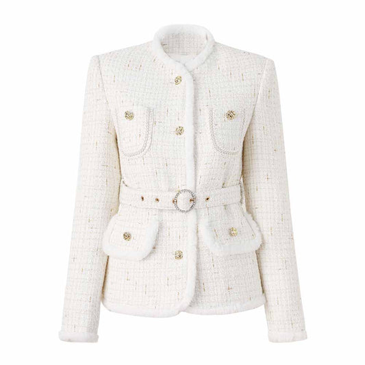 Women Fur Collarless White Blazer Woolen Jacket With Sashes