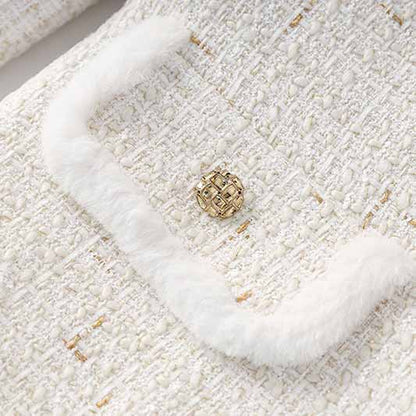 Women Fur Collarless White Blazer Woolen Jacket With Sashes