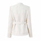 Women Fur Collarless White Blazer Woolen Jacket With Sashes