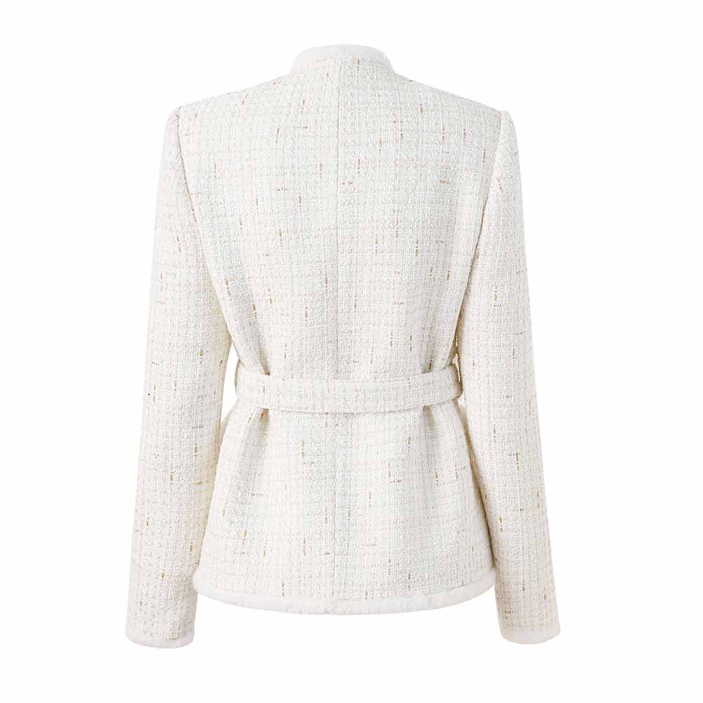 Women Fur Collarless White Blazer Woolen Jacket With Sashes