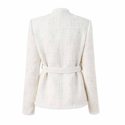 Women Fur Collarless White Blazer Woolen Jacket With Sashes
