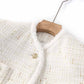 Women Fur Collarless White Blazer Woolen Jacket With Sashes