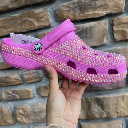 Women Crocs Closed Toe Clog Shoes Rhinestone Beads Mules Slip on Sandals Lilac