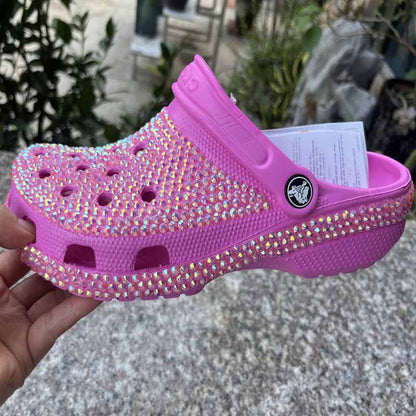 Women Crocs Closed Toe Clog Shoes Rhinestone Beads Mules Slip on Sandals Lilac
