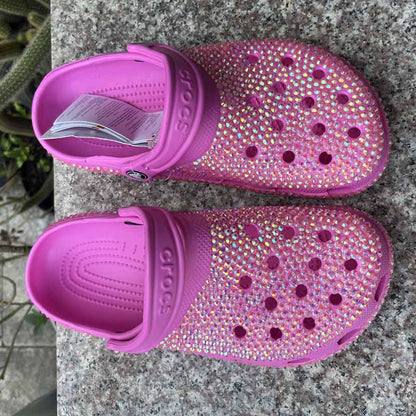 Women Crocs Closed Toe Clog Shoes Rhinestone Beads Mules Slip on Sandals Lilac