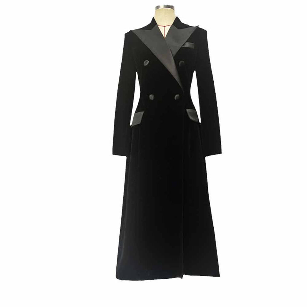 Women Double Breasted Black Velvet Long Blazer Dress Maxi Coat – SD