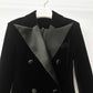 Women Double Breasted Black Velvet Long Blazer Dress Maxi Coat