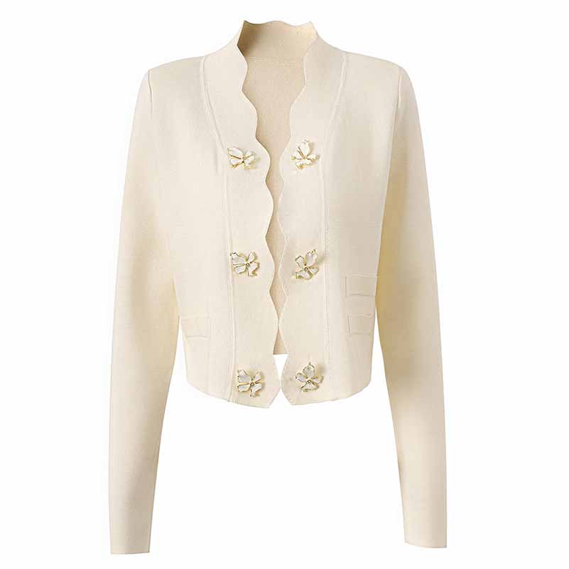 Women Flower Buttons Embellished Cardigan Knitted Coat