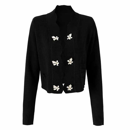 Women Flower Buttons Embellished Cardigan Knitted Coat