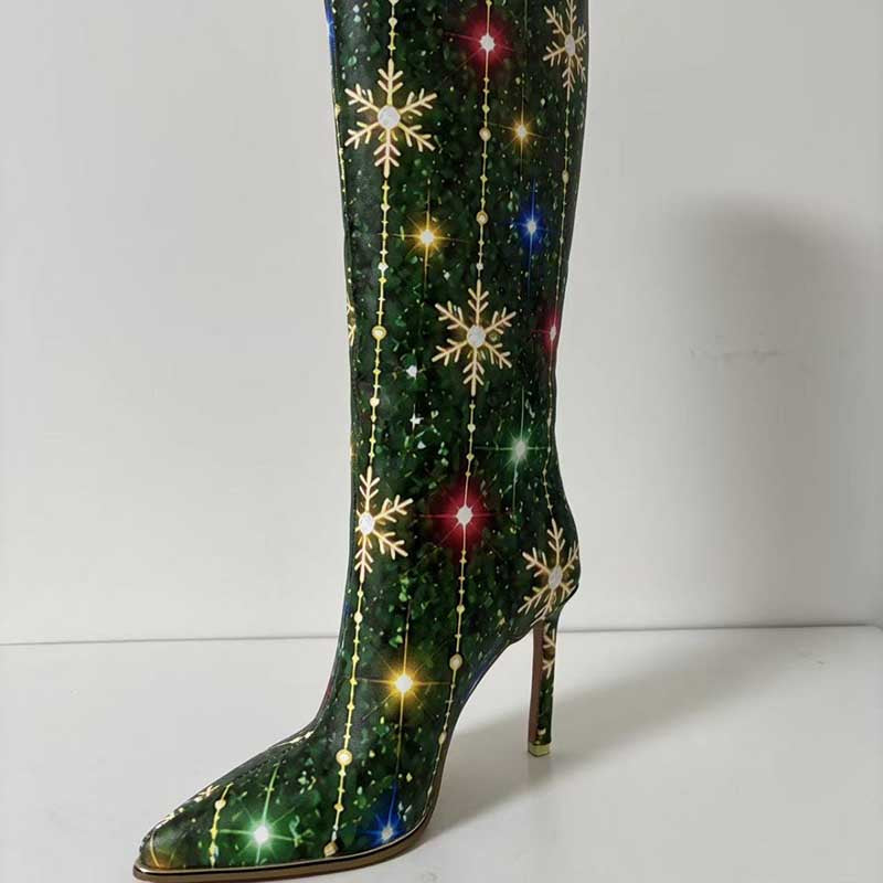 Women Green Christmas Snowflake Glitter Knee High Boots