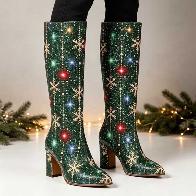 Women Green Christmas Snowflake Glitter Knee High Boots