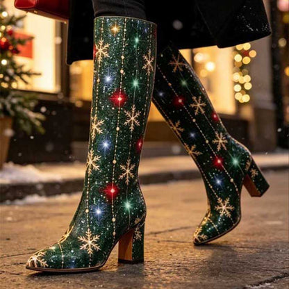 Women Green Christmas Snowflake Glitter Knee High Boots